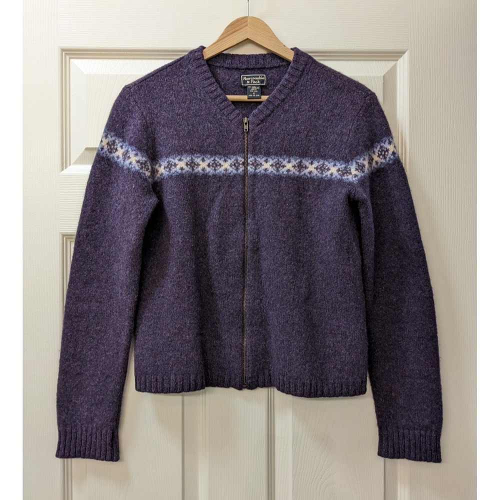 VTG Abercrombie & Fitch Shetland Wool Sweater Zip Cardigan Purple Fair Isle MED